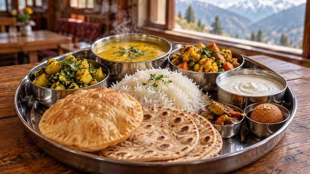 Sattvic vegetarian thali with dal, sabzi, rice, roti and curd, served at Badrinath